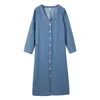 Herbst Blau Koreanische Denim Lange Kleid Frauen Hülse V-ausschnitt einreiher Gürtel Splitting Vintage Kleider Vestidos 210513