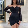 Omsj Kobiety Jesień Zima V-Neck Black Party Długi Rękaw Bodycon Sukienka Kobieta Sexy Koronki Plisowane Hollow Out Clubwear Vestido 210517