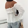 Elegante schulterfreie Chiffon-Bluse für Damen, modisch, einfarbig, plissiert, sexy Hemd für Damen, Büro, Straße, Tops und Blusen