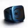 무슬림 Lesser Bairam Star Moon Ring Band Chunky Gold Blue Blue Stainless Steel Signet Rings For Men Women Fashion Jewelry Will and Sandy