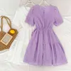 Summer Style Temperament Square Collar Broderi Hollow Crochet Waist Drawstring Puff Sleeve Dress Women 210507