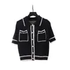 Summer Lightweight Stickad T-shirt Kvinnors Mode Lapel Kortärmad Cardigan Pocket Design Rosa Kort Loose Woolen Coat 210623