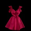 Primavera Moda Temperamento Vermelho Vestidos Feminino V-Decote em V Slim Emagrecimento Mini Vestido com orelhas de madeira C716 210506