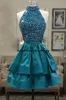 Turquoise Green Satin Homecoming Dresses Halter Neck Sleeveless Crystal Ribbon Ruffles Keyhole Back Short Prom Party Dresses Cocktail Dress