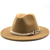 Brede rand hoeden vrouwen vrouwen wollen vilt jazz fedora panama stijl cowboy trilby party formele jurk hoed groot formaat geel wit 58-60cm AA3