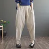 Johnature Cotton Linen Patchwork Pocket Elastic Waist Ankle-length Harem Pants Summer Simple Leisure Women 3 Color Pant 210521