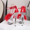 Sandals Sexy Furry Pole Dance Shoes Exotic 20CM Transparent Platform Thin High Heels Walking Show Bar Club Stripper Clear