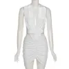 Sexy Low Chest V Neck Backless Ruched Halter Mini Dress Women Sleeveless Bandage Party Nightclub Activity Vacation White Dresses Y1006