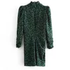 ビンテージシックな緑の花のプリントドレス女性のファッションOネックドレスバックジッパーエレガントな女性長袖ミニ210531