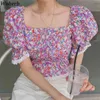 Ruches Crop Top Streetwear Casual Femme Elegance Blouse Florals Print Puff Sleeve Office Lady Sweet Girls Shirts 210519