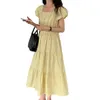 Mode femmes robe été romantique col carré princesse plissé manches bouffantes taille minceur jupe longue 210520