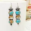 Boucles d'oreilles collier Vintage couleur argent Turquoises naturelles goutte longue boucle d'oreille ethnique cristal balancent pour les femmes Boho bijoux