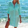 Cep Turn-down Yaka Yarım Kollu Tek Göğüslü Şifon Kaftan Seksi Şeffaf Elbise Plaj Yüzme Takım Elbise Kadınlar Için Kapak 210604