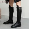 Meotina Long Boots Women Shoes Real Leather Low Heel Knee High Boots Zip Lace Up Fashion Ladies Boots Autumn Winter Black 33-40 210608