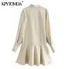 Kvinnor chic mode med knappar ruffled mini tröja vintage långärmad pläterade kvinnliga klänningar vestidos mujer 210416