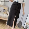 Nomikuma High Waist Lace Up Black Skirt Women Split Solid Color Side Zipper Elegant OL Skirts Office Ladies Spring 3a263 210514