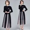Moda Bahar kadın örgü dikiş renk blok puantiyeli iki katmanlı örgü zarif ofis midi uzun elbiseler 210416