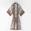 Bohemian V cou cou de paon de paon imprimé long kimono shirt ethnique laçage avec des ceinture boho cardigan n'explice Blouse Blouse Tops 210429