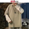 LAPPSTER Men Patchwrok Oversized T Shirt Long Sleeve Autumn Mens Harajuku Korean Fashion Tshirts Fake Two Pieces Tops Tees 210629