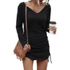 Women Dress Female Long Sleeve V-Neck Ruched Pencil Outfits Elegant Ladies Solid Color Spring Autumn Clothing 210522