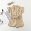 Girls Solid Rompers 3 Design Cotton Short Sleeve Single Button Ruffle Jumpsuit Kids Girls Outfits Solid Headband 2-7T 1400 B3