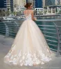 Ball Gown Nude Tulle Overlay 3D Flower Lace Wedding Dress Sheer Neck Floor Length Bridal Gowns Champagne Ivory Vintage Design