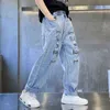 Ragazzi adolescenti Blue Jeans Pantaloni estivi Bambini Foro sciolto Jeans strappati Lettera Streetwear Pantaloni lunghi in denim lavato 10 12 14 Vestiti per ragazzo G1220