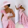 Gorgeous Pink Mermaid Prom Dresses One Shoulder Feather Lace Appliqued Evening Dress With Detachable Train Crystal Formal Gowns Party Wear