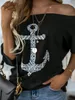 Casual Loose T-Shirts Women Fashion Summer O-Neck Short Sleeve Boat Anchor Print Pullover Tops Sexy Off Shoulder Tee Shirt Femme 210507