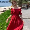 Korobov sexy Slash Neck von Schulter Urlaub lang Kleid hohe Taille eine Linie Vestidos Puff Kurzarm Kleider 2B145 210430