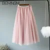 Beiyingni Tulle Юбки Женщины Сетка Эластичная талия 4 Оценки TUTU Юбка Сладкий KPOP Мода Подружки Подружки Плиссированные Юбки Falda Saia Midi 210416