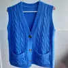 Autumn Spring V-Col V-Couleur Pull Sweater Vest Femme Twist Pocket Cardigan Sans Manches 210531