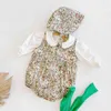 0-3 år gammal vår baby flicka blomma ärmlös bomull bodysuit hatt + bas kläder tre-del kostym 210417