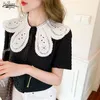 Simple Retro Revers Crochet Embellissement Single-breasted Short Sleeve Top Korean Chic Personality Joker Puff Shirt 13828 210521