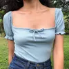 Summer T Shirt Women Tops Kawaii Bow Tie Deep Square Collar Rib T-Shirt with Puff Sleeve Tshirt Vintage White Crop Top 210521