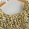 Women Vintage Square Collar Leopard Print Elastic Smock Blouse Female Puff Sleeve Slim Shirt Chic Blusas Tops LS7646 210420