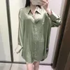 Mulheres Blusas Camisas Tarf Moda Mulher 2021 Camisa Verde Listrada Manga Longa Irregular Chic Button Up Verão Solto Tops P6131