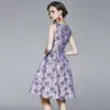 Vintage elegante borduurwerk luxe jacquard baljurk jurk vrouwen mouwloze O-hals hoge taille knie lengte tank sundresses 210416