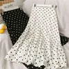 Sommar Casual Chiffon Print Dot-Print Kjol Kvinna Hög Midja Midi A-Line Womens Black White Red Long s Streetwear 210421