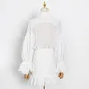 Élégant blanc à lacets robe nœud papillon pour les femmes col montant à manches longues Mini robes femme mode vêtements 210520