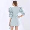 Blue Dress Women Turtleneck Puff Half Sleeve High Waist Lace Up Bownot Midi Dresses Female Summer Clothes 210520