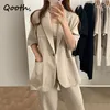 Qooth Blazer a maniche lunghe allentato a un bottone retrò Blazer a tinta unita e pantaloni a gamba larga a vita alta Pantaloni lunghi casual QT631 210518