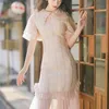Yosimi夏のピンクの女性のドレスエレガントなMidi Jacquardと網の半袖中国風のシース改良Cheongsam 210604