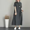 Robes décontractées robe d'été femme couleur unie coton et lin Type de bouton lâche manches courtes avec poche vêtements féminins