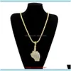 Colliers Pendentifs Bijoux De Luxe Plein Glacé Strass Moyen Doigt Main Pendentif Avec 1 Rangée De Tennis Chaîne Et 6 Mm Corde Collier Hommes Dr