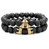 8 mm di perline di lava nera fili CZ casco spartano braccialetto con ciondoli gioielli da uomo per regalo 2 pezzi/set
