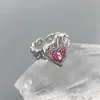 Anneaux de mariage à la mode femme rose Zircon pierre anneau breloque couleur argent fiançailles classique cristal coeur ouvert pour les femmes