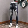 Moda Streetwear homens jeans fita fita elástica destruída Rasgado calças jeans pintado desenhador desenhista hip hop punk calças de motociclista