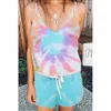 Lounge Pyjama Set Sexy V Neck Spaghetti strip Vêtements de nuit et shorts Summer Home service costume Femme Tie dye Split Pyjamas 210517