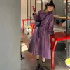 Yedinas Herbst Winter Lange Leder Trenchcoat Frauen Gürtel Lose Lila Jacke Koreanische Stil Mode Umlegekragen Windjacke 210527